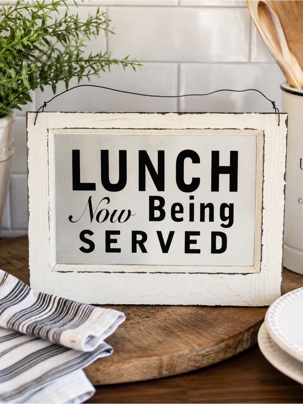 Lunch Now Being Served Rustic White Framed Sign 8x10
